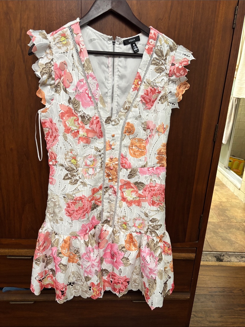 Aqua Pink and Coral Floral Eyelet Ruffle Dress